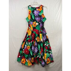 Vintage Eber San Francisco Floral Midi Dress Womens 14 Black Multi Smocked Back